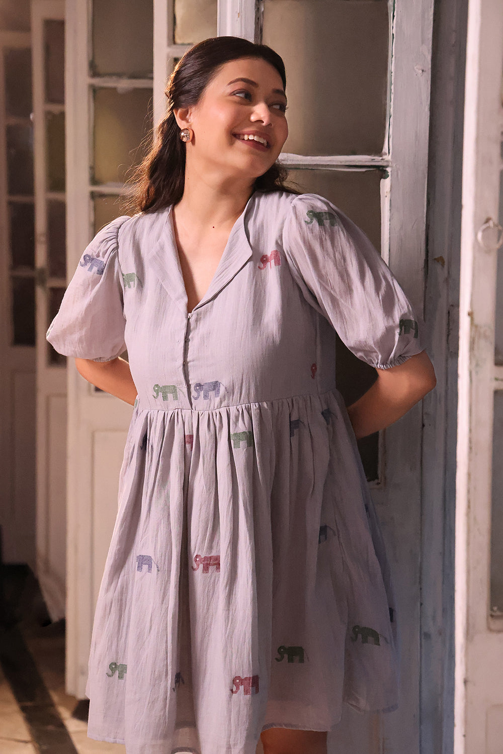 Grey Safari Cotton Jamdani Dress