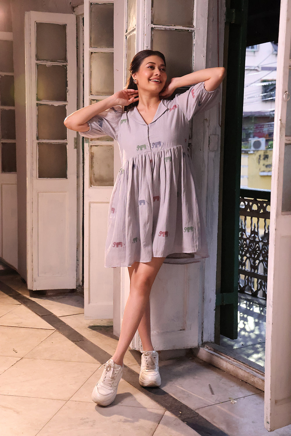 Grey Safari Cotton Jamdani Dress