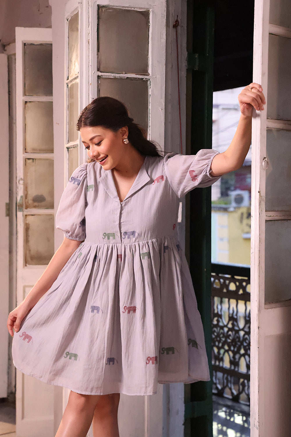 Grey Safari Cotton Jamdani Dress