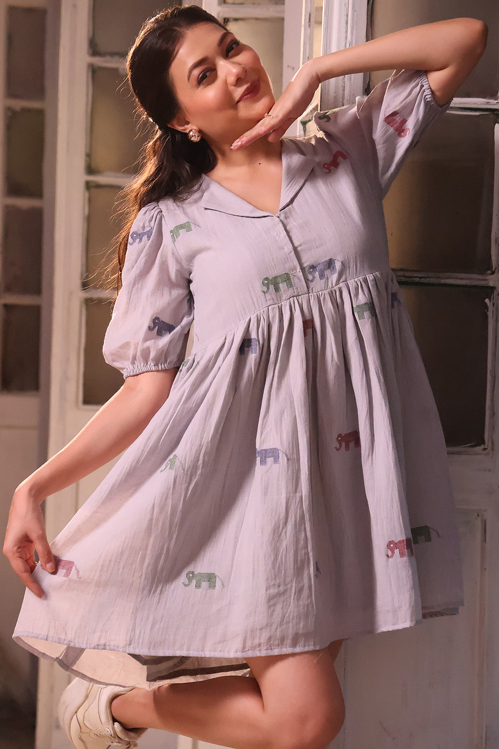 Grey Safari Cotton Jamdani Dress