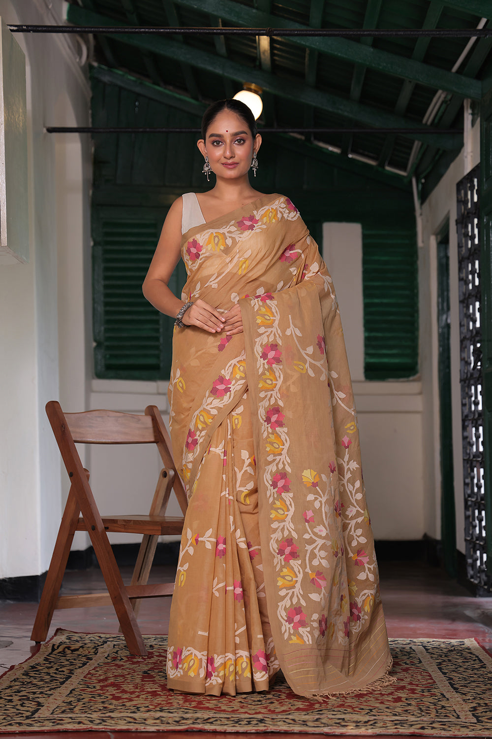 Handloom Camel Beige Pure Cotton Jamdani Saree with Floral Motifs