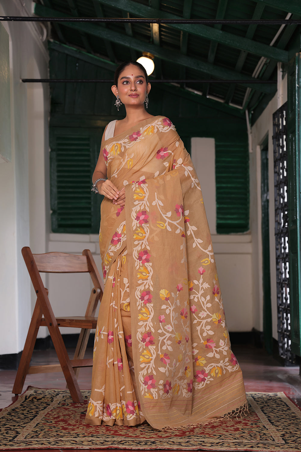 Handloom Camel Beige Pure Cotton Jamdani Saree with Floral Motifs