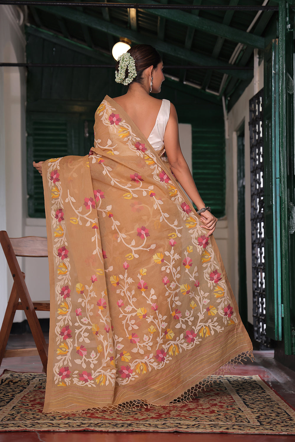Handloom Camel Beige Pure Cotton Jamdani Saree with Floral Motifs