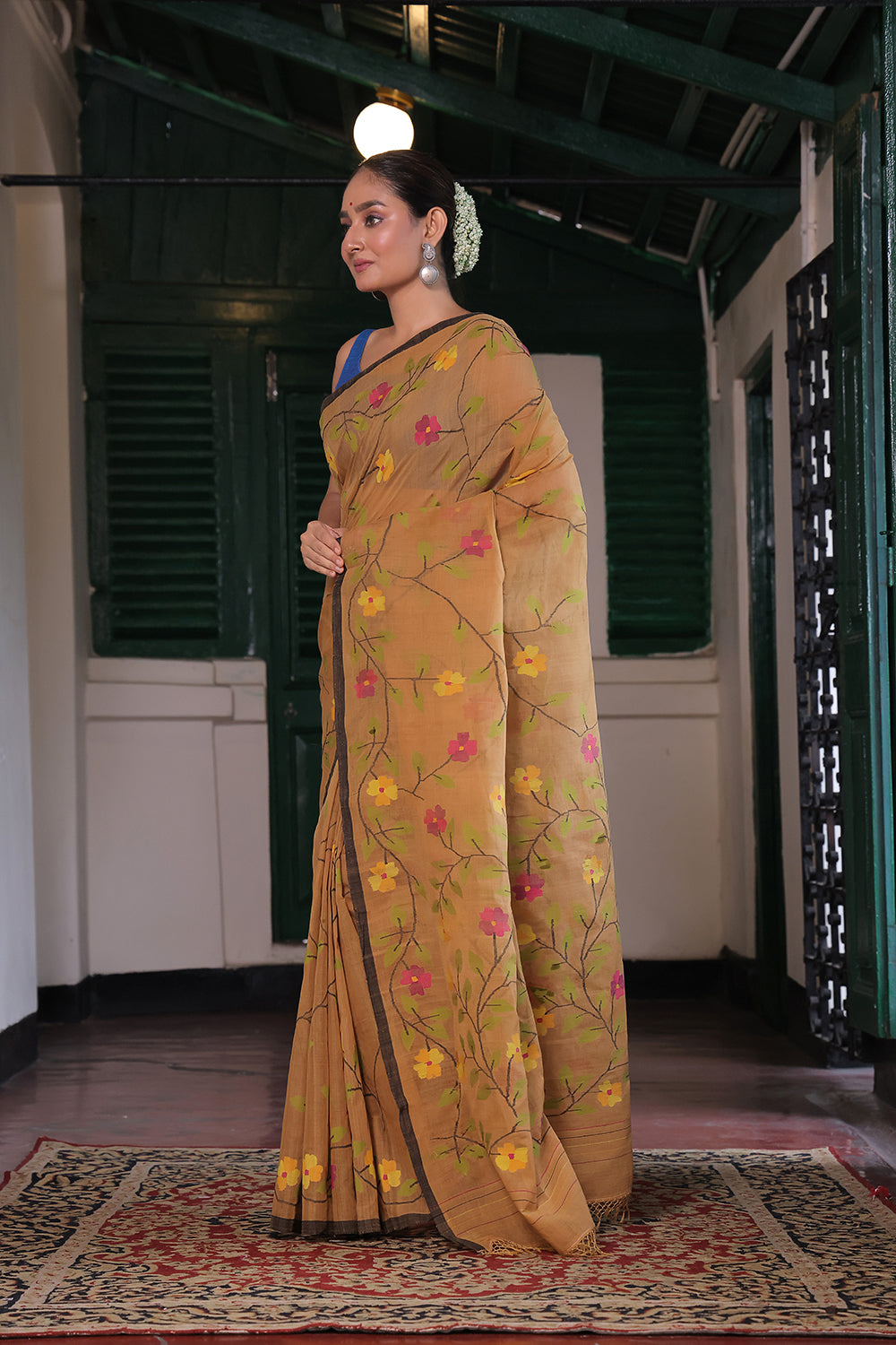 Handloom Gold Yellow Pure Cotton Jamdani with Floral Motifs