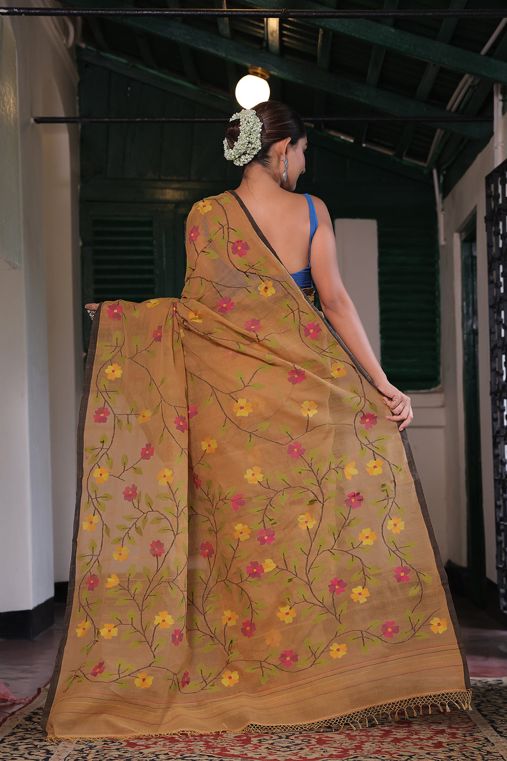 Handloom Gold Yellow Pure Cotton Jamdani with Floral Motifs