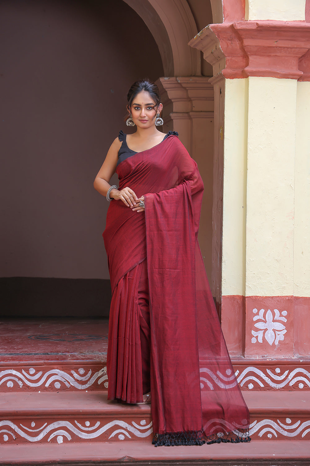 Handloom Wine Solid colour Mulmul Cotton Saree