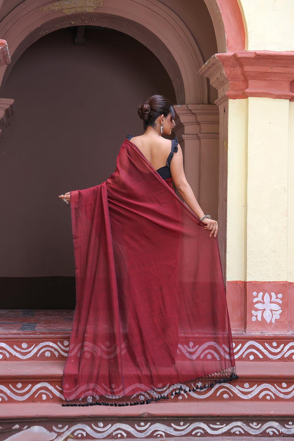 Handloom Wine Solid colour Mulmul Cotton Saree