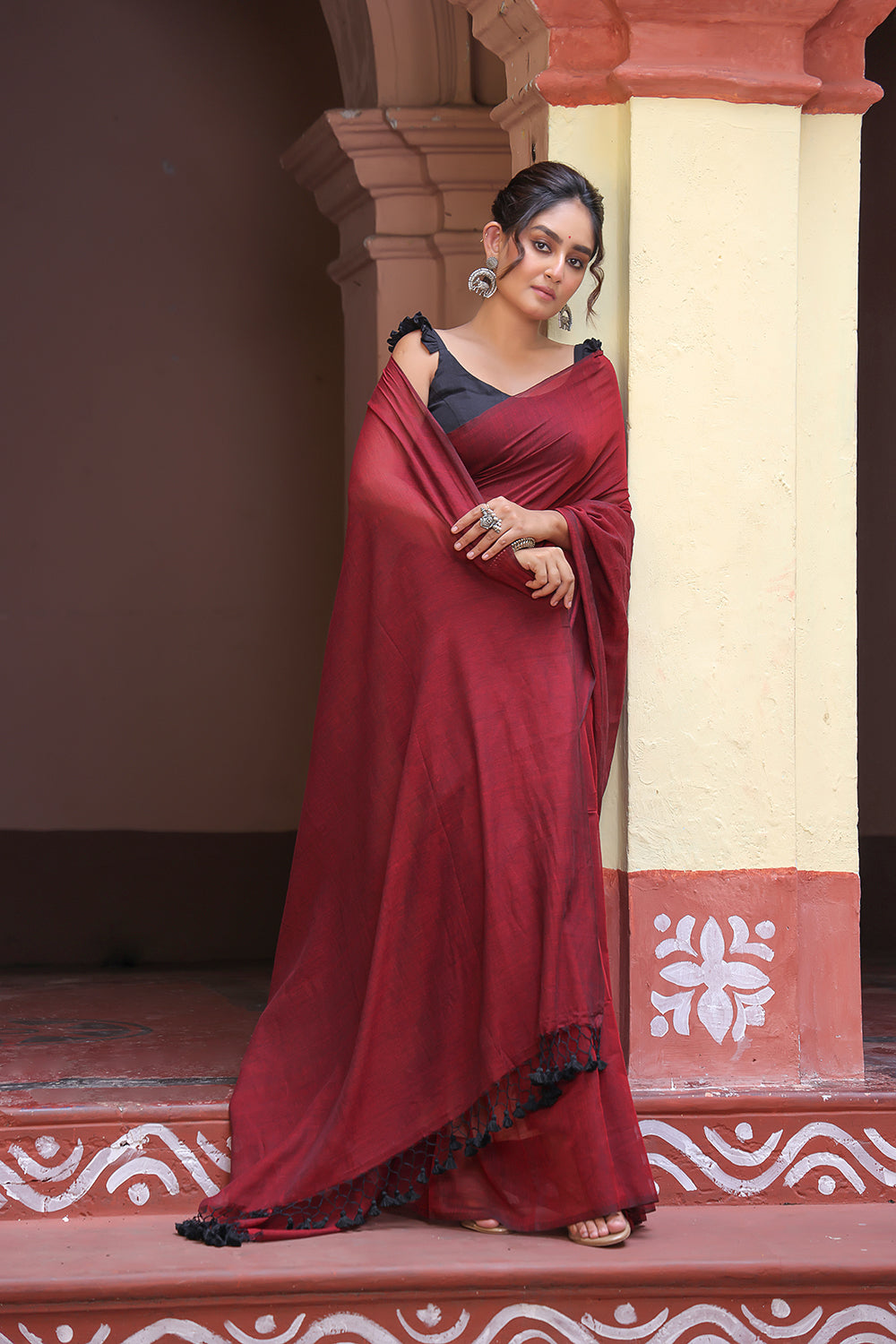 Handloom Wine Solid colour Mulmul Cotton Saree