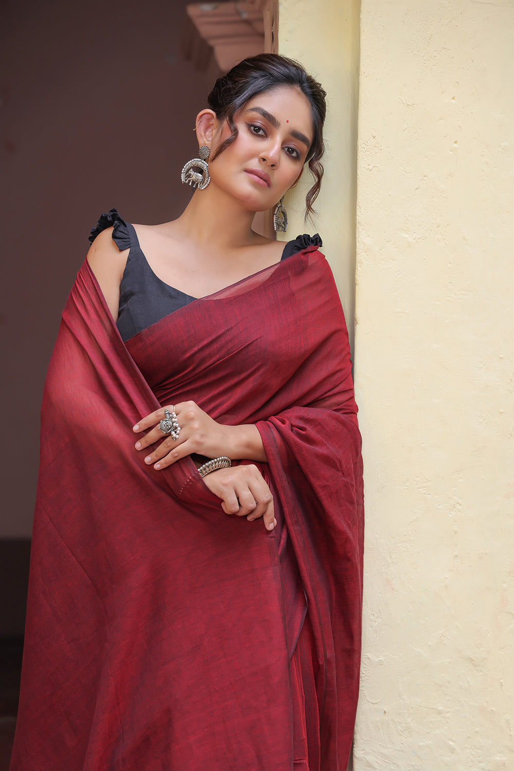 Handloom Wine Solid colour Mulmul Cotton Saree