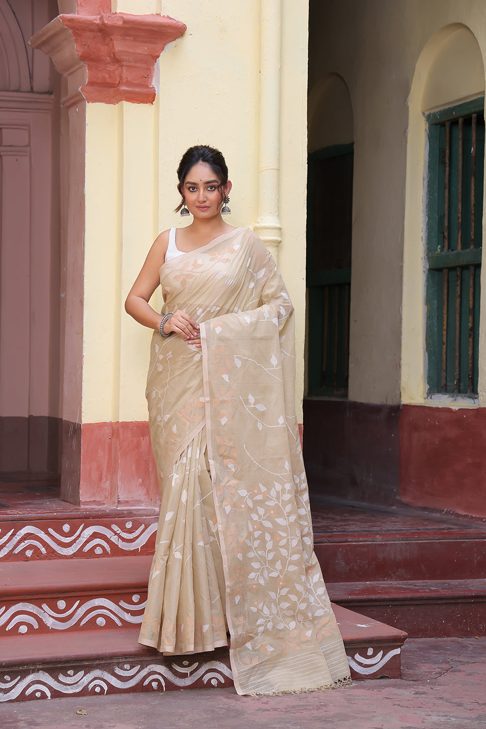 Handloom Beige Pure Cotton Exclusive Jamdani Saree with White Flowers