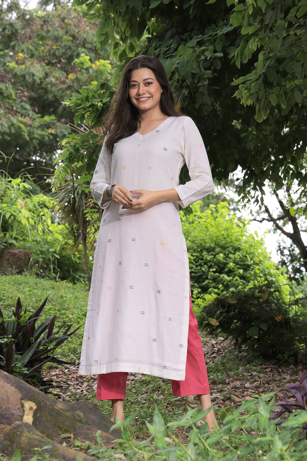 Handloom Off White Pure Cotton Square Jamdani Kurta Set With Dupatta