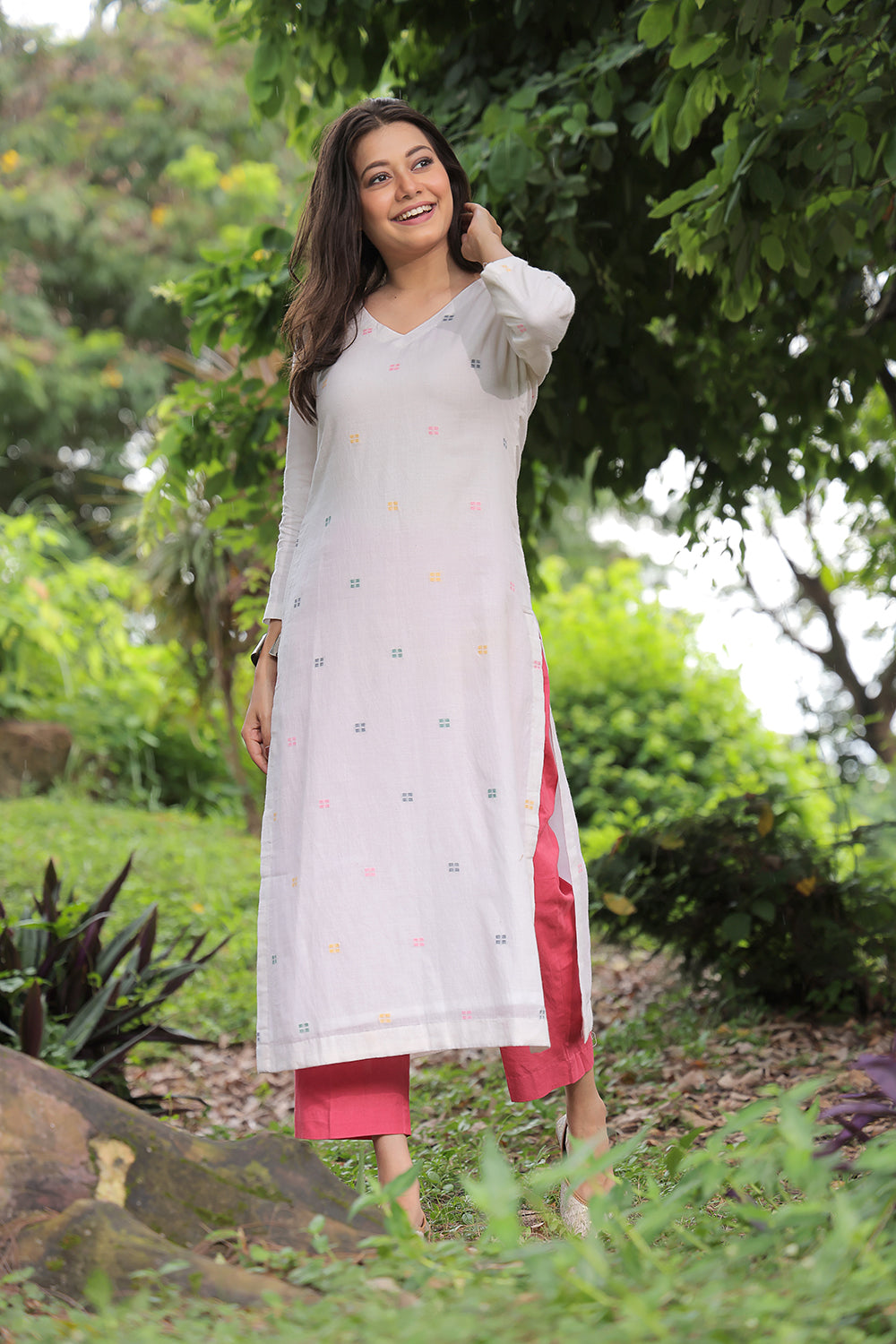 Handloom Off White Pure Cotton Square Jamdani Kurta Set With Dupatta