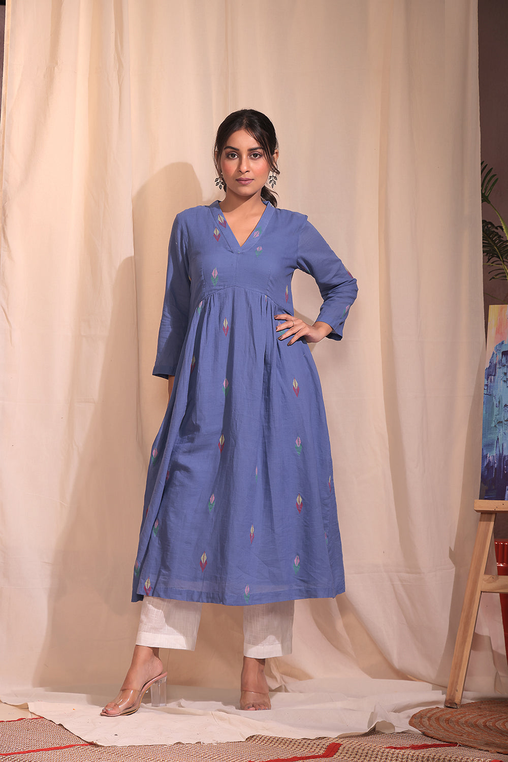 Handloom Sky Blue Pure Cotton Jamdani Kurta Set With Dupatta