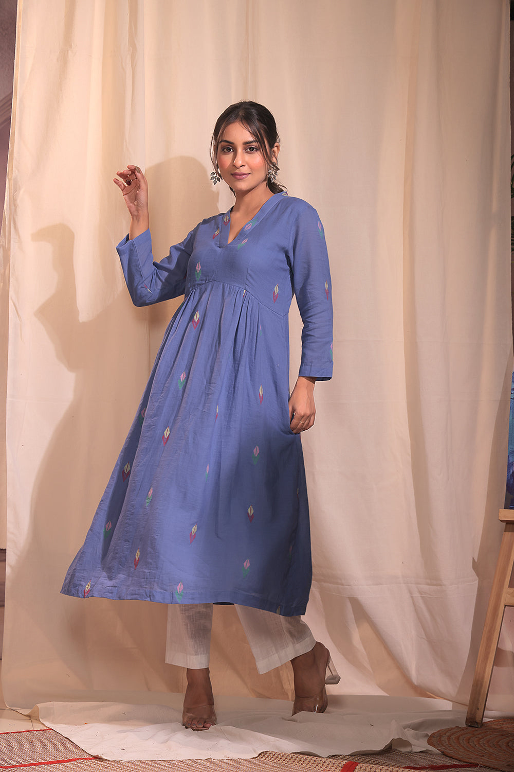Handloom Sky Blue Pure Cotton Jamdani Kurta Set With Dupatta