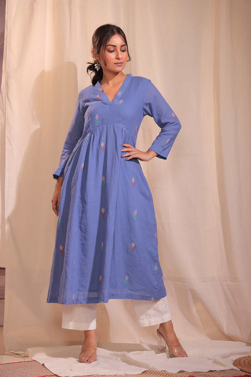 Handloom Sky Blue Pure Cotton Jamdani Kurta Set With Dupatta