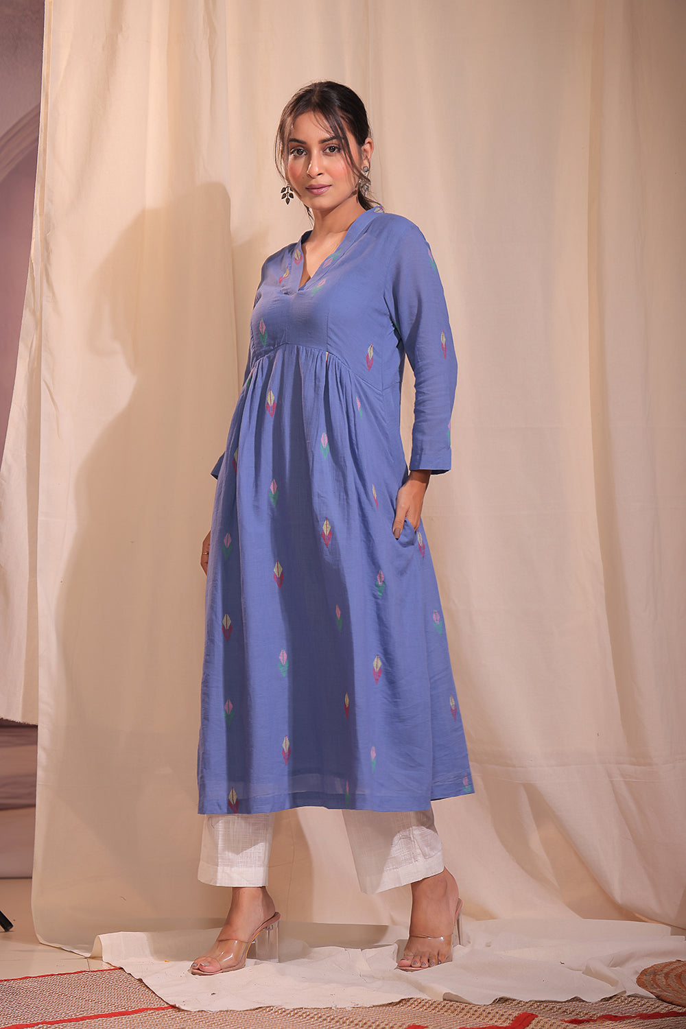 Handloom Sky Blue Pure Cotton Jamdani Kurta Set With Dupatta