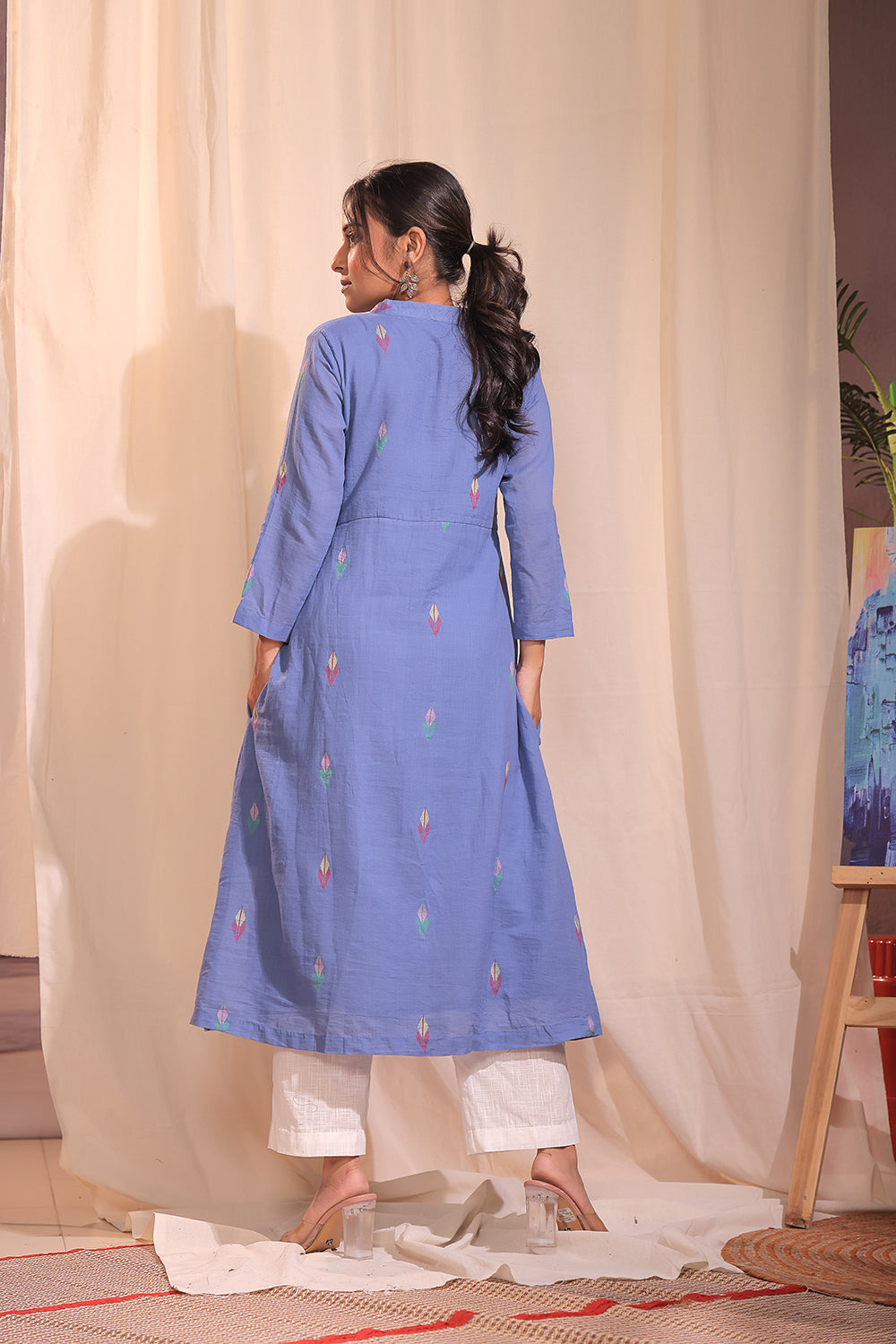 Handloom Sky Blue Pure Cotton Jamdani Kurta Set With Dupatta