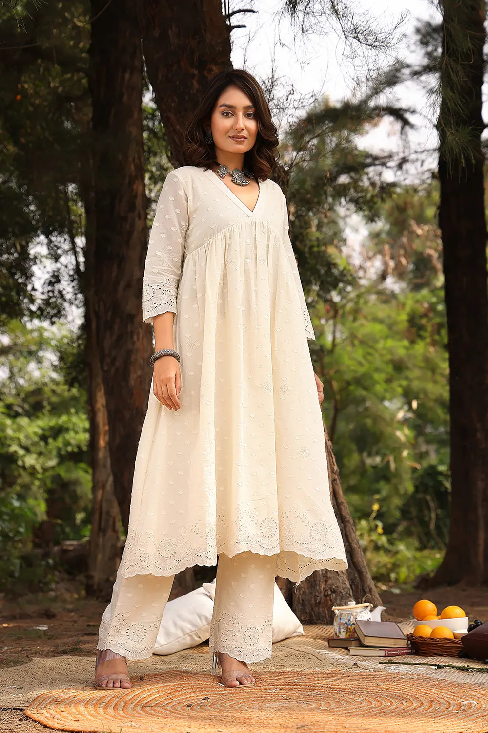 Cream Dobby Pure Cotton Flared Kurta Set
