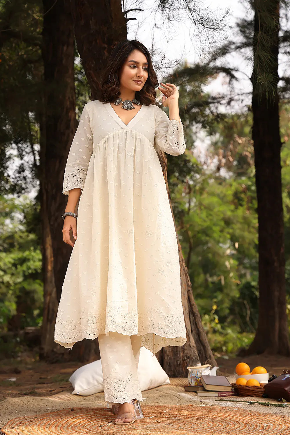 Cream Dobby Pure Cotton Flared Kurta Set