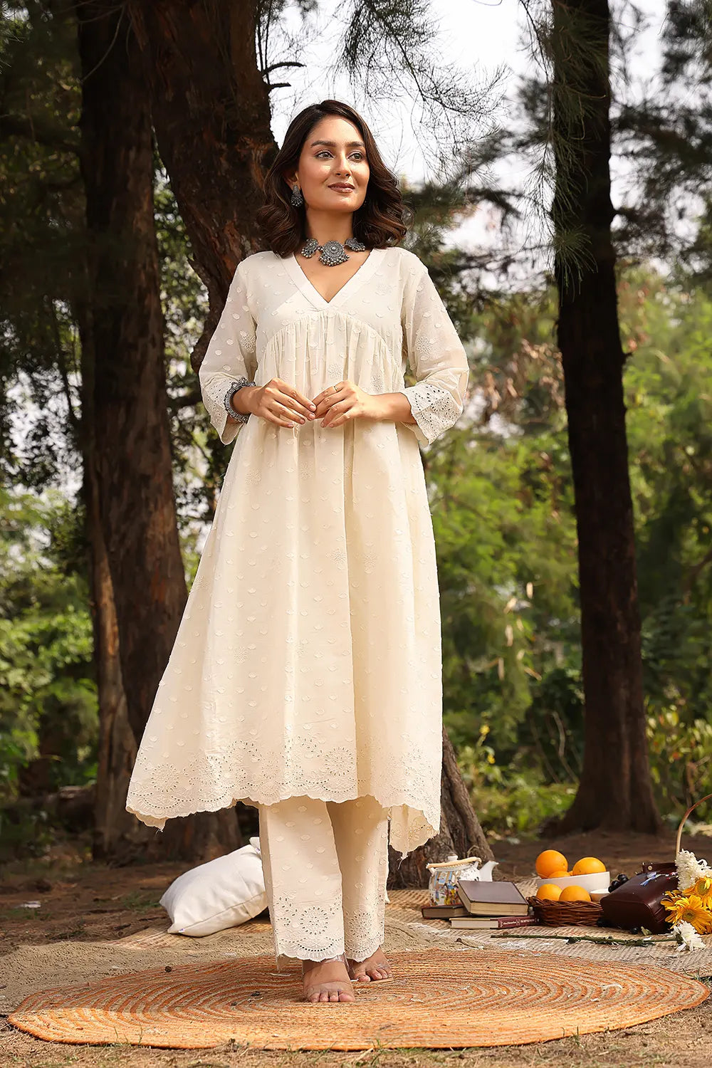 Cream Dobby Pure Cotton Flared Kurta Set