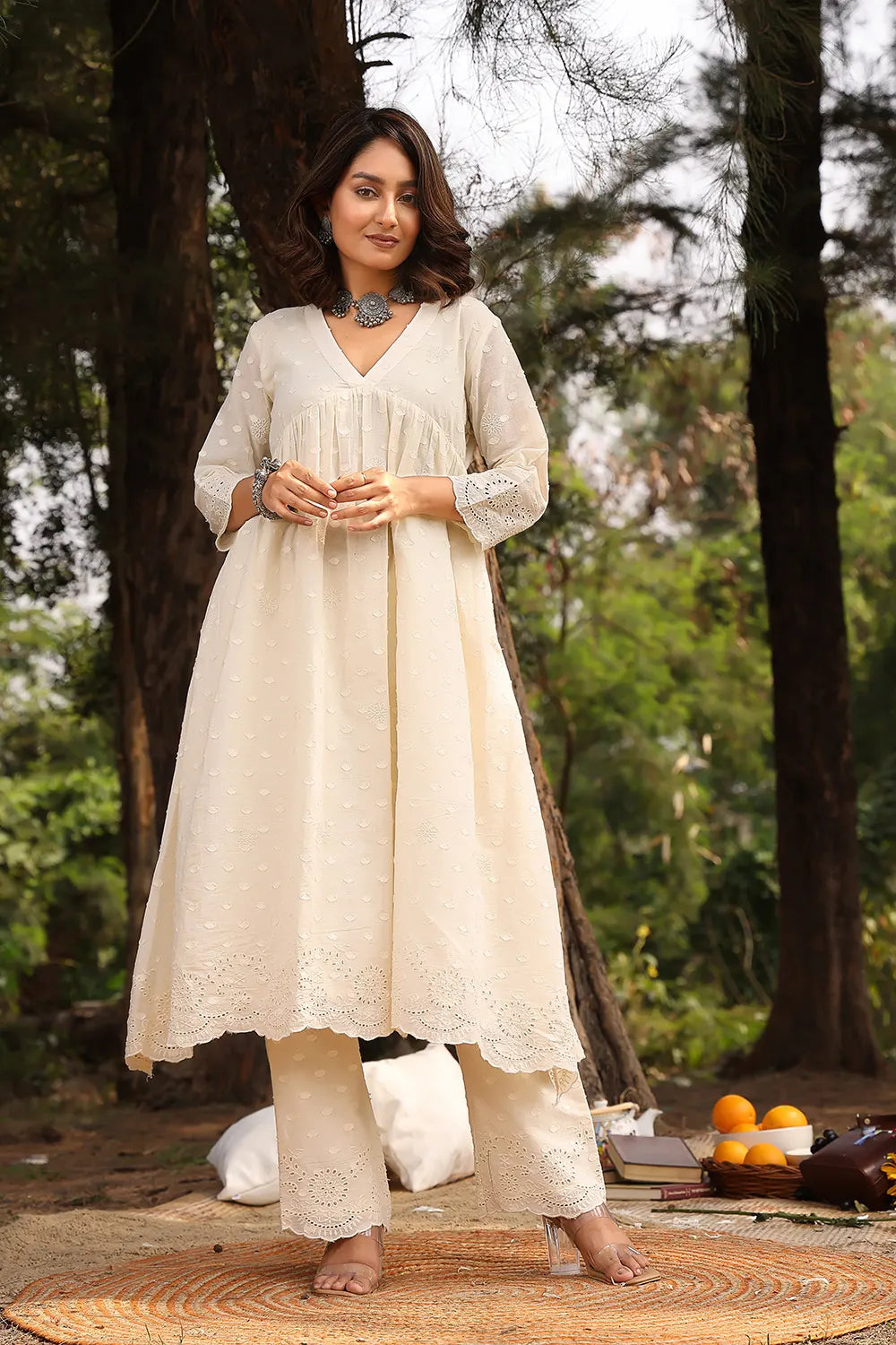 Cream Dobby Pure Cotton Flared Kurta Set