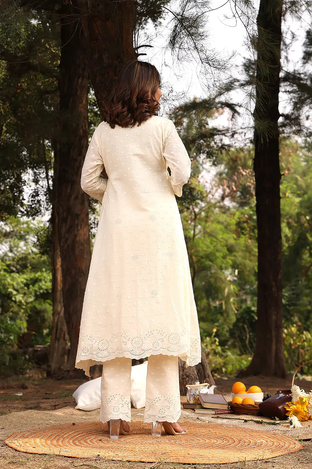 Cream Dobby Pure Cotton Flared Kurta Set