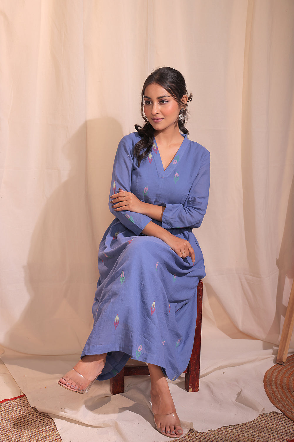 Handloom Sky Blue Pure Cotton Jamdani Kurta Set With Dupatta