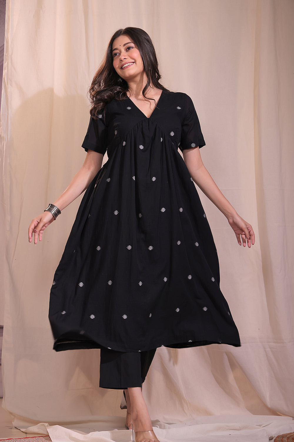 Handloom Black Pure Cotton Jamdani Flared Kurta Set With Dupatta