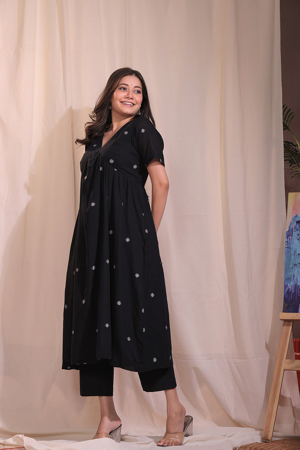 Handloom Black Pure Cotton Jamdani Flared Kurta Set With Dupatta