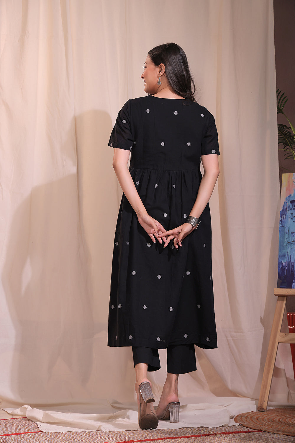 Handloom Black Pure Cotton Jamdani Flared Kurta Set With Dupatta