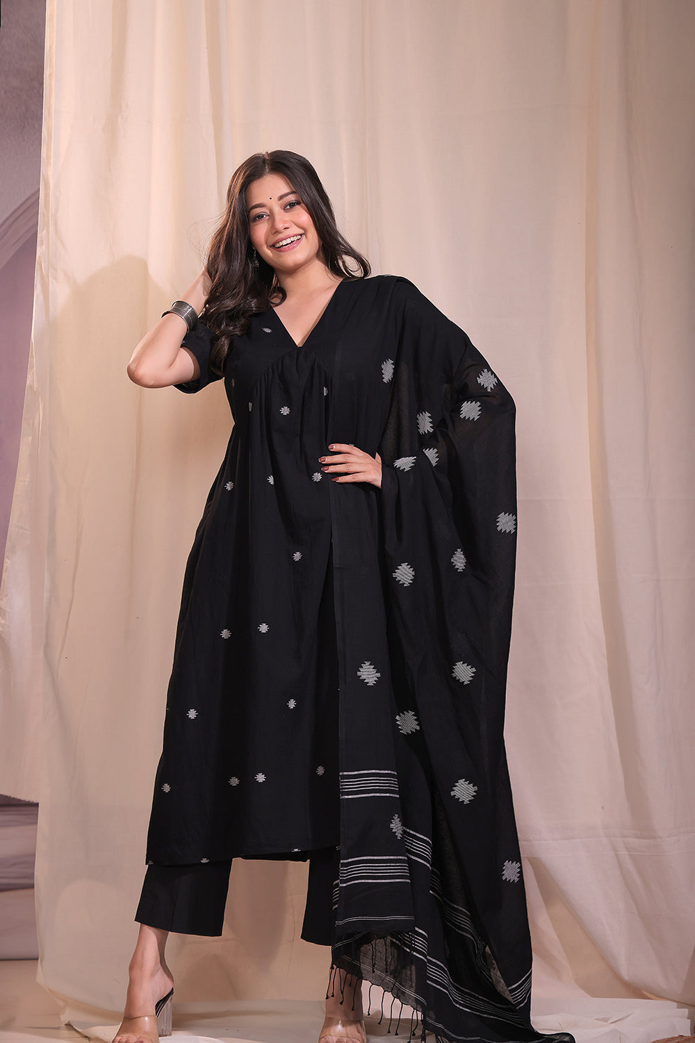 Handloom Black Pure Cotton Jamdani Flared Kurta Set With Dupatta