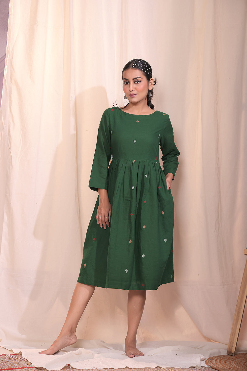 Forest Blossom Green Jamdani Dress