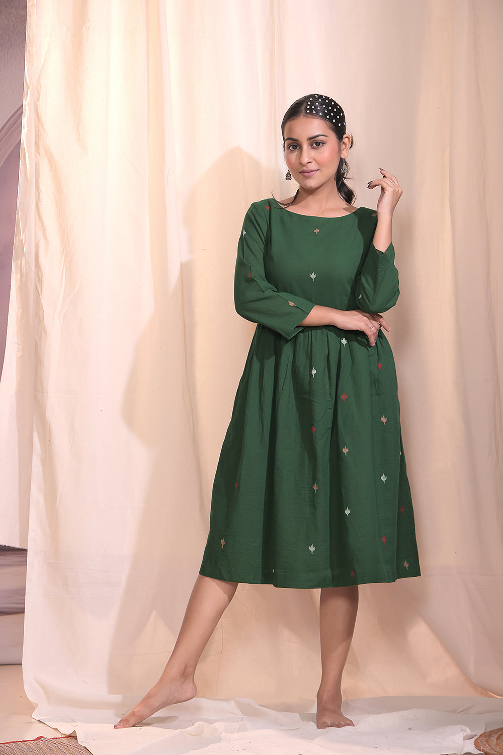 Forest Blossom Green Jamdani Dress