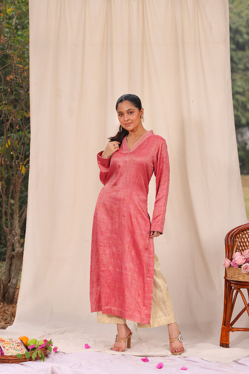 Pink and Cream Khadi Cotton Co-ord Set