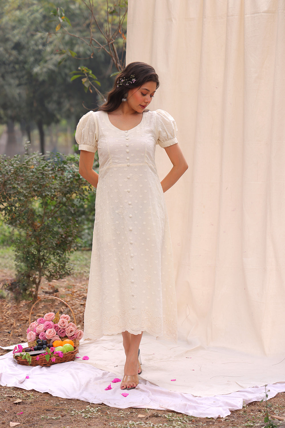 White Cotton Lace Dress With Sleeves Frock Style Cotton Fabric