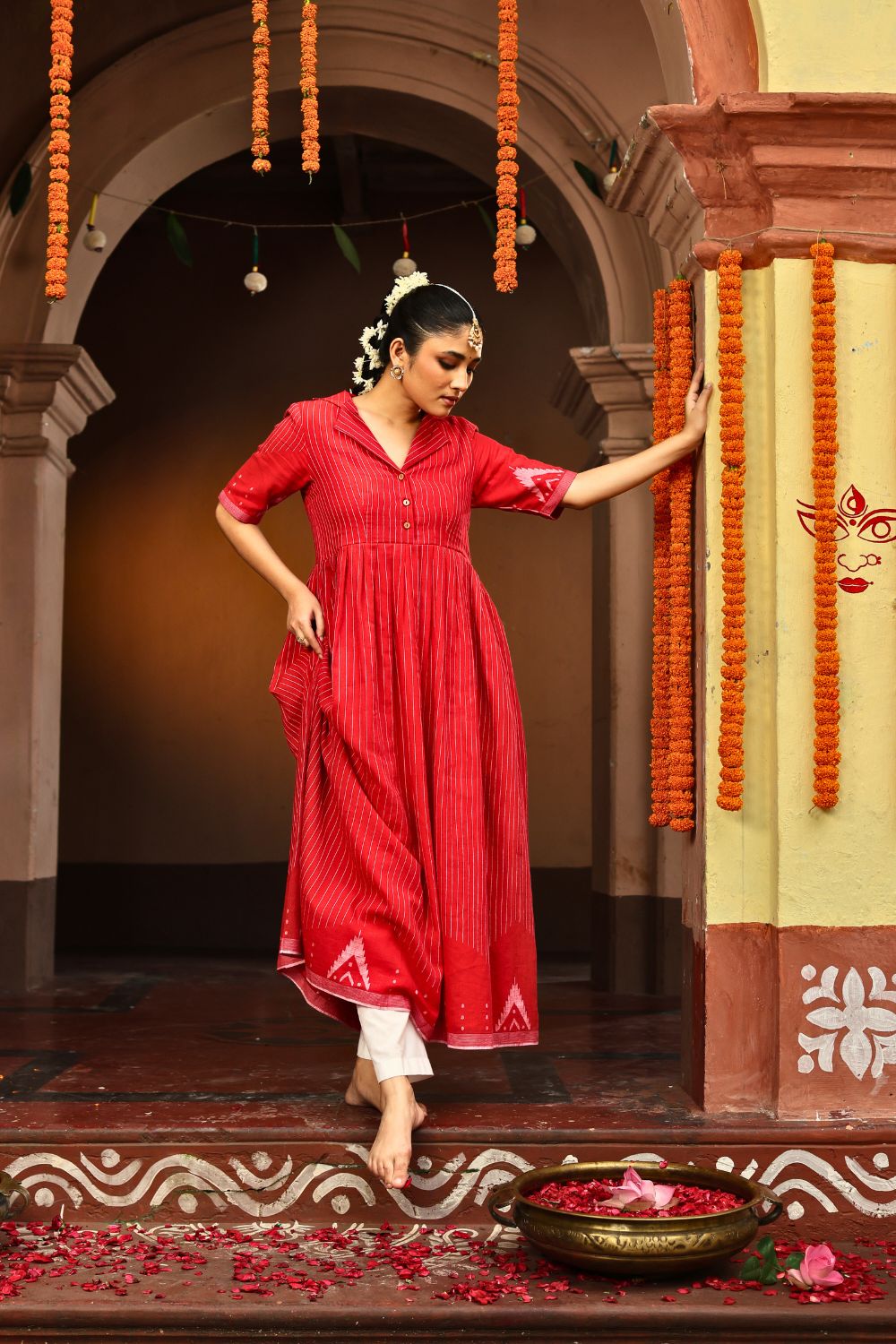 Red and White Temple Jamdani Pujo Kurta Set