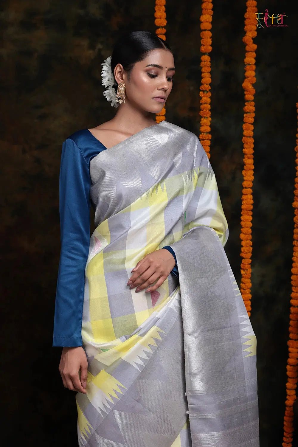 Handloom Lemon & Grey Pure Silk Kanchipattu Saree