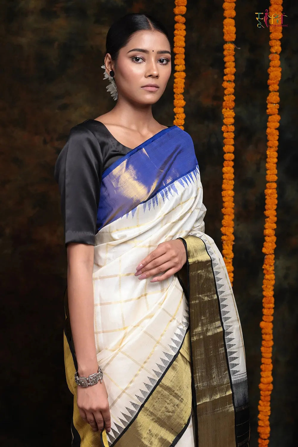 Handloom Cream Kanchipattu Saree With Zari Checks