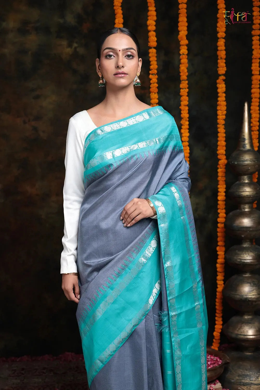 Grey Check Handloom Kanchipattu Saree With Baby Blue Border