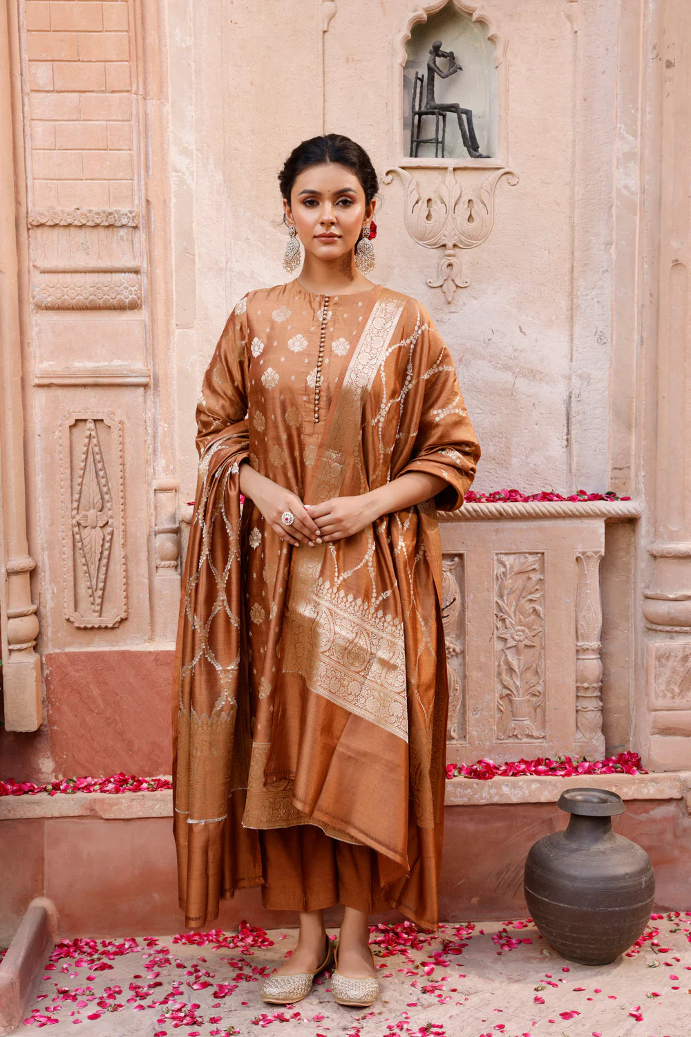 Mocha Brown Pure Silk Banarasi Kurta Set With Dupatta