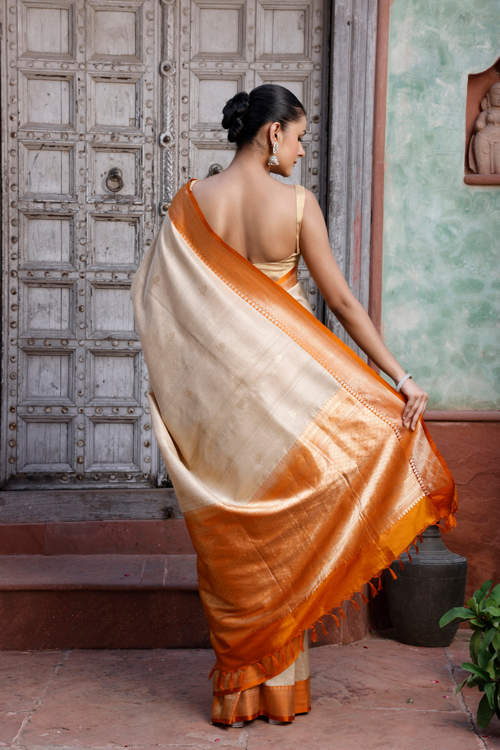 Handloom Beige Pure Tussar Silk Banarasi Saree