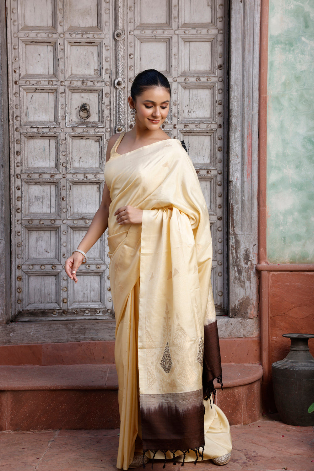 Handloom Cream Pure Silk Contemporary Kanchipattu Saree