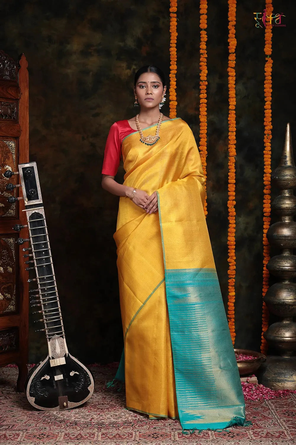 Tuscany Yellow Handloom Kanchipattu Saree With Blue Green Gold Zari Pallu