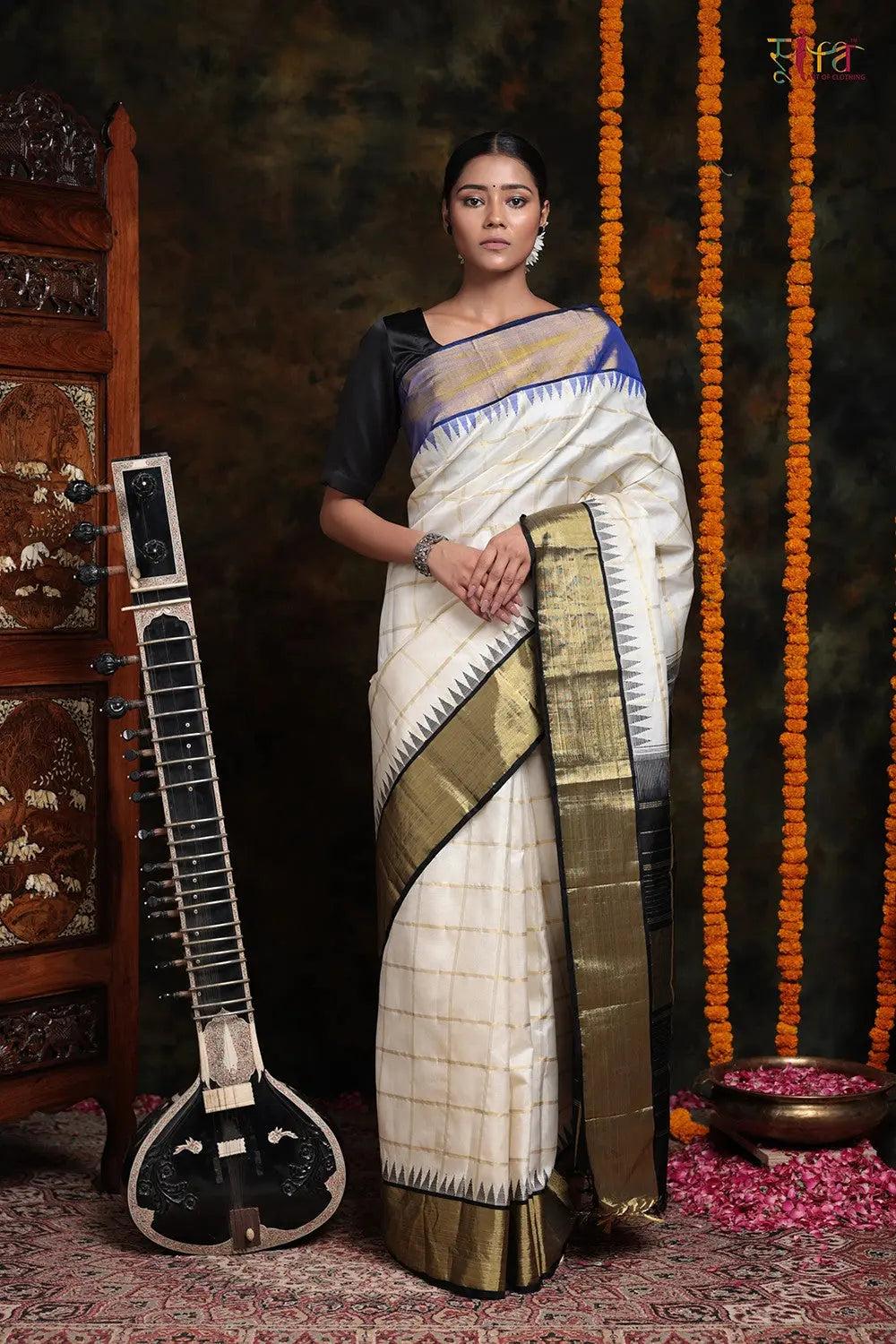 Handloom Cream Kanchipattu Saree With Zari Checks