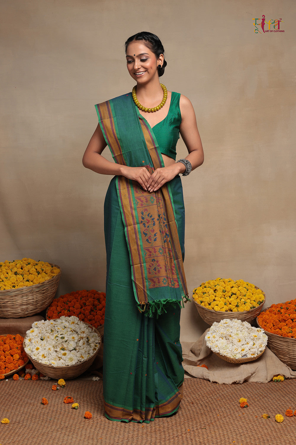 Leaf Green handloom pure cotton Kanchi saree