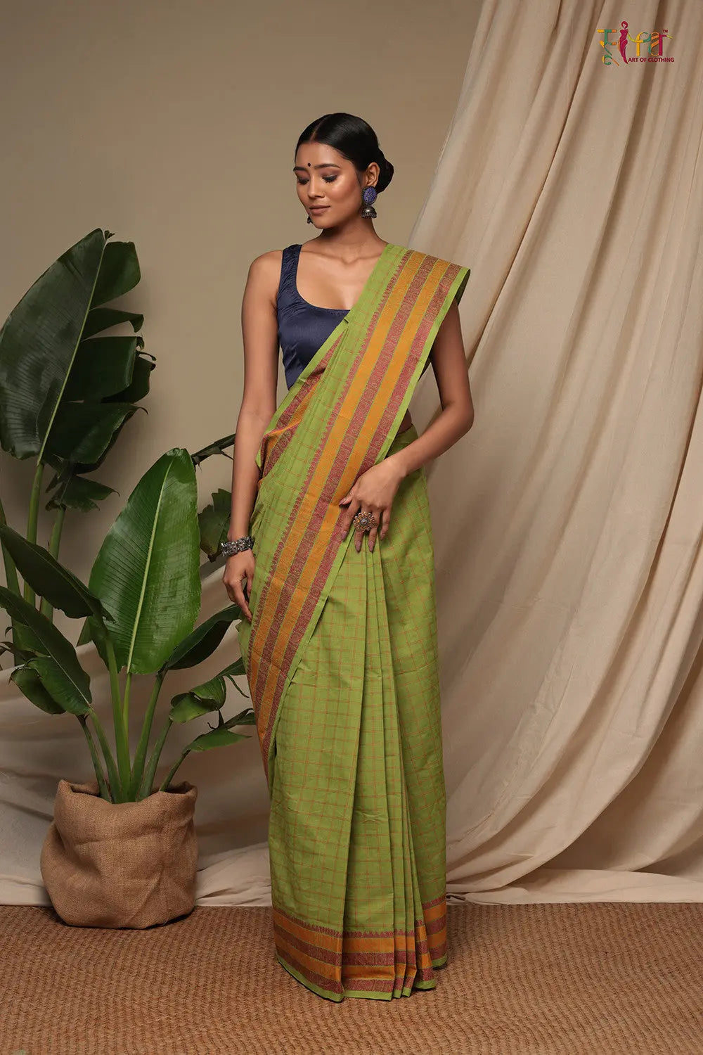 Handloom Parrot Green Pure Cotton Kanchi Saree With Generous Border
