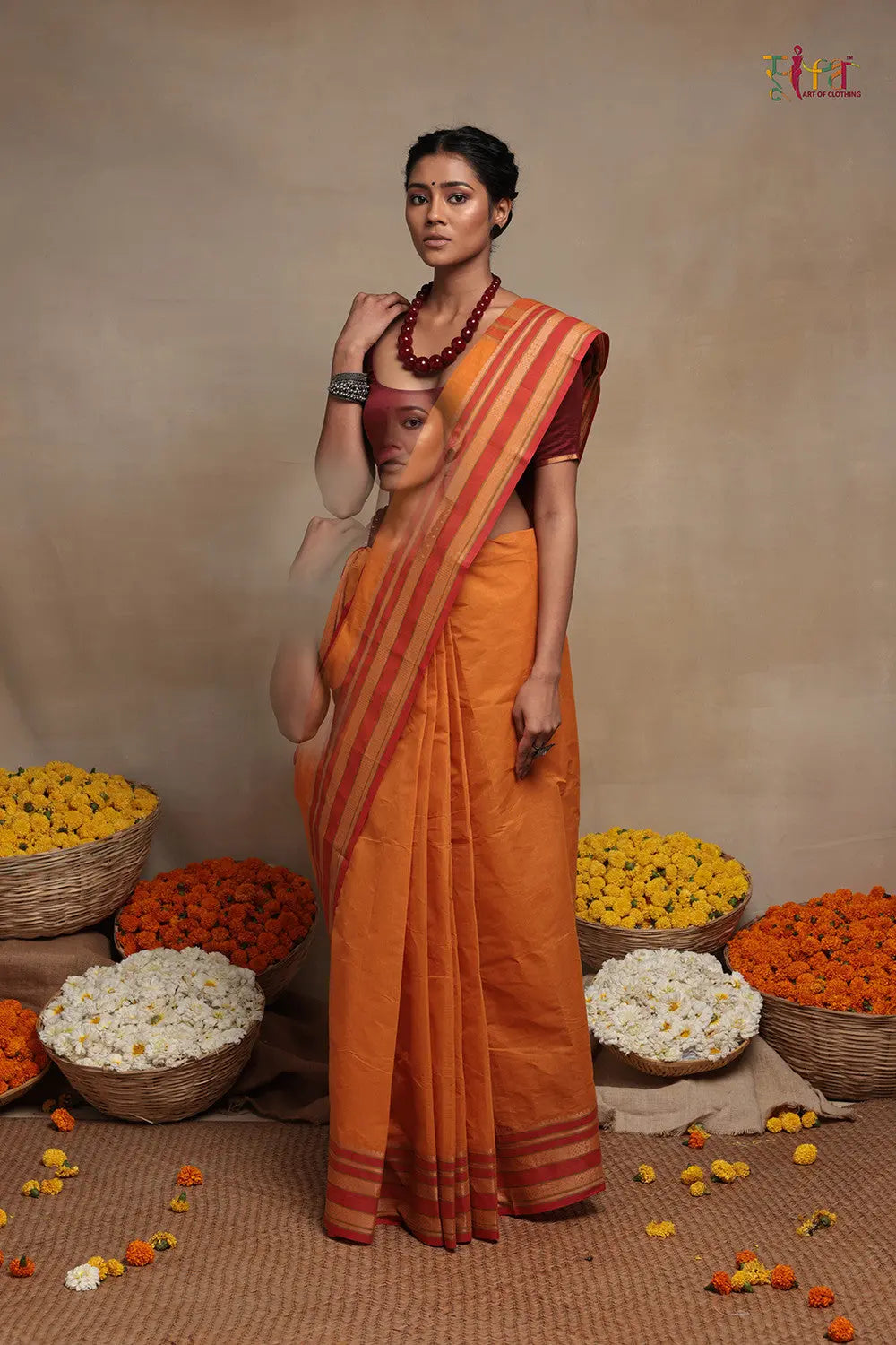 Handloom Atomic Orange Pure Cotton Kanchi  Saree