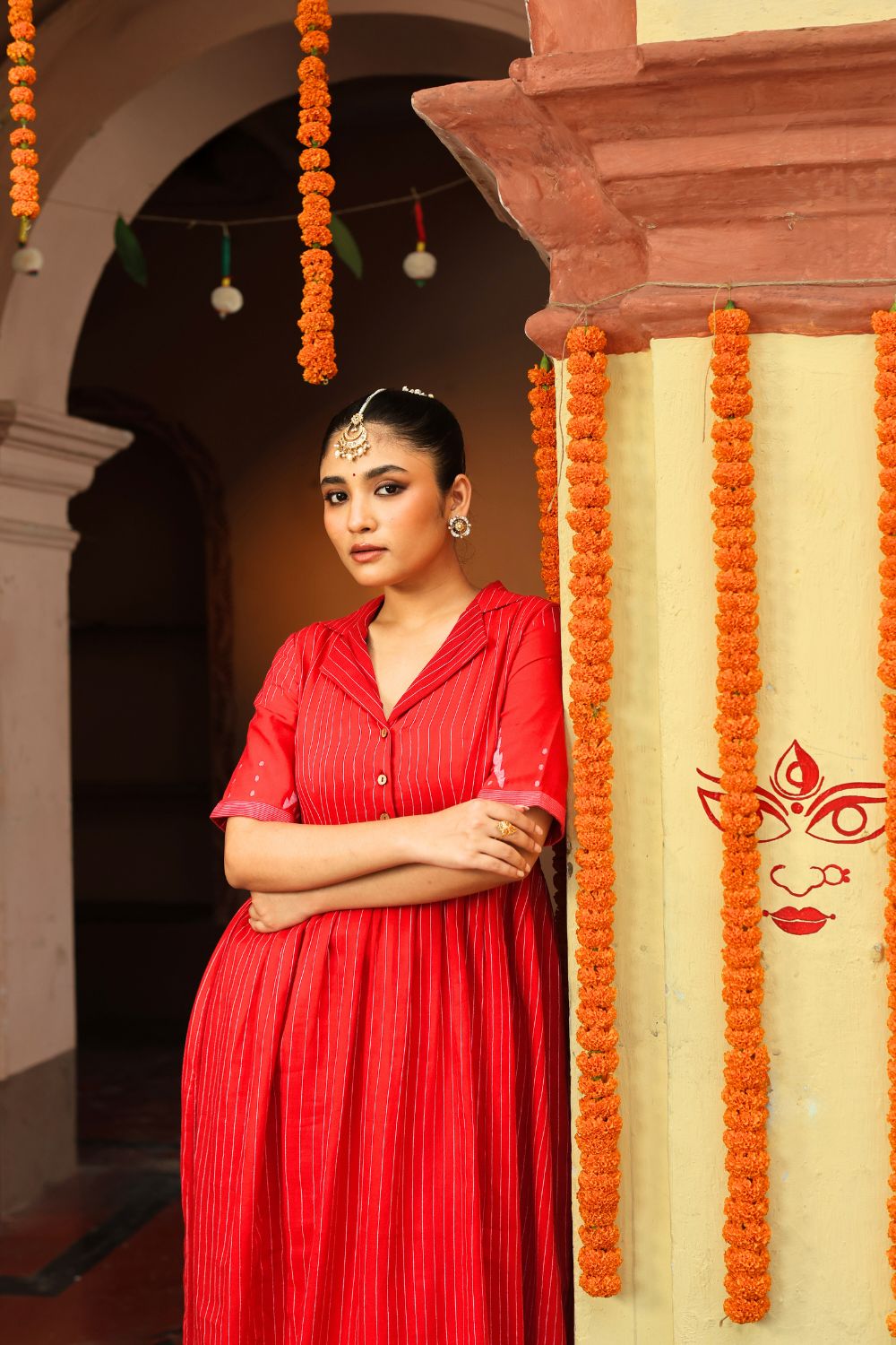 Red and White Temple Jamdani Pujo Kurta Set