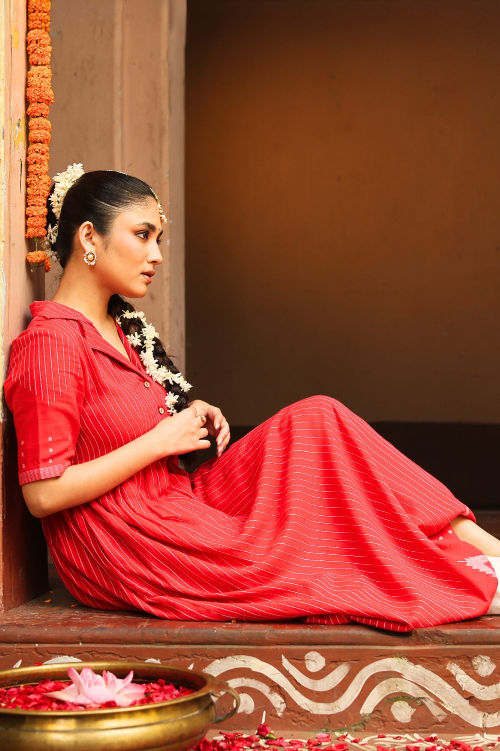 Red and White Temple Jamdani Pujo Kurta Set