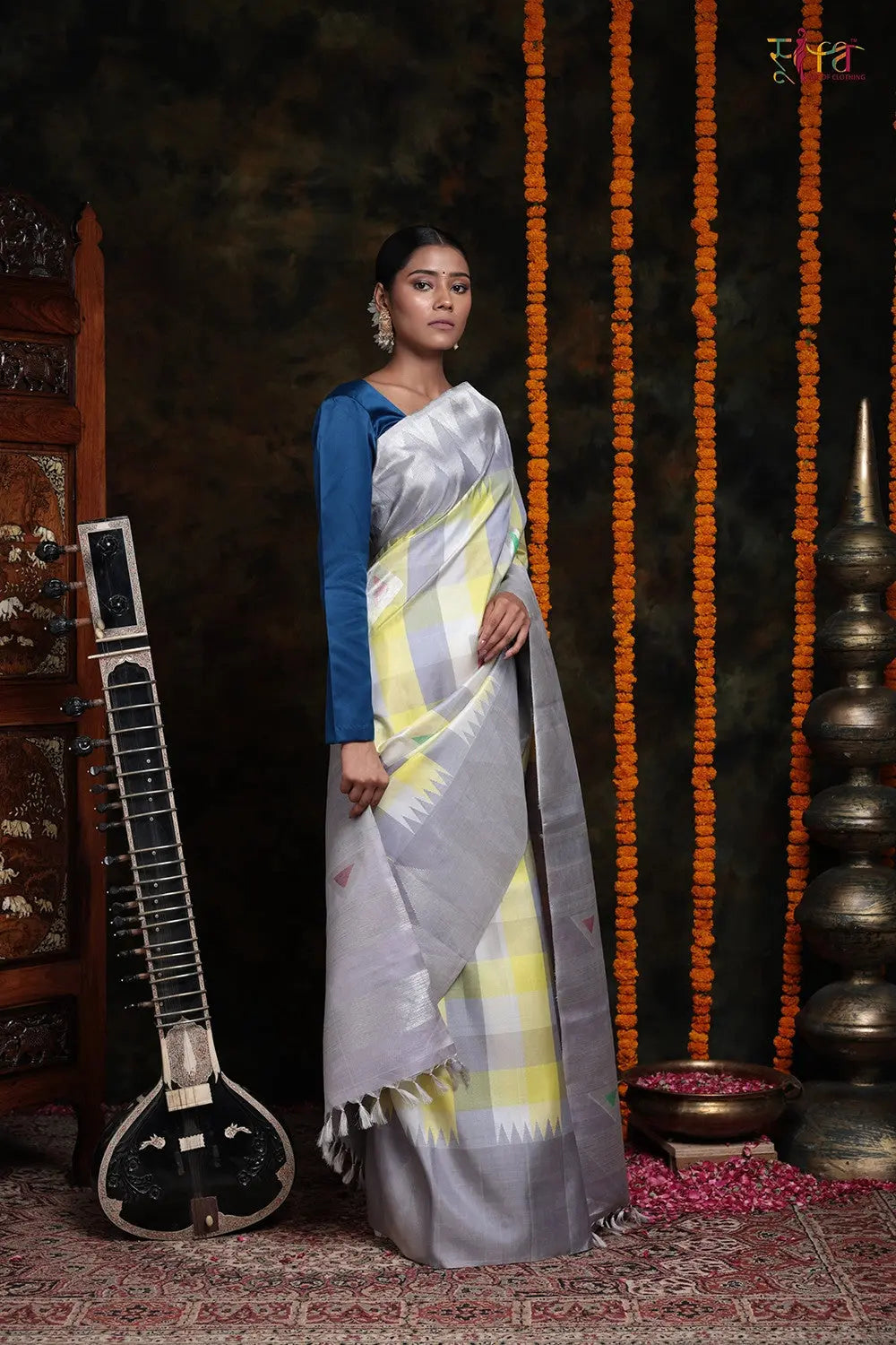 Handloom Lemon & Grey Pure Silk Kanchipattu Saree